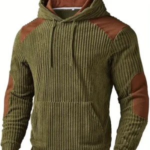 ROYALBOY Spring New Arrival Men's Fashion Casual Green Ribbed Knit Sweatshirt with Brown Accent Design, Elegant Hooded Style, Versatile Fit for Daily Outings and Social Occasions