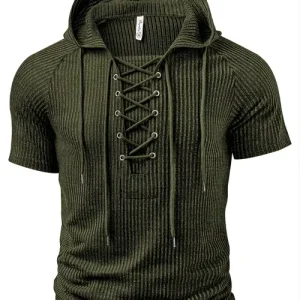 ROYALBOY Men's New Spring Short-Sleeve Top with Textured Two-Tone Stripes, Drawstring Hood, Outdoor Fashion Sportswear