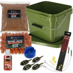 Carp Bait Tackle Set 10L Bucket Groundbait Boilies Barbless Rigs Feeders Fishing