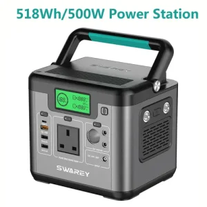 SWAREY Portable Power Bank, Power Station 518 Wh, Solar Generator 500 W AC Output, 65 W USB-C Port, Power Generator Battery for Party, Travel, Camping