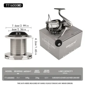 DEUKIO Long Cast Spinning Reel, 2026 New Model, 25kg Braking Power, TT8000MD-TT16000MD Models, 7+1BB Bearings, Long Cast Spinning Reel for Saltwater Big Game Fishing, Full Metal Gap-Free Spinning Reel, Dual Anti-reverse Roller Bearings