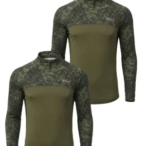 2-Pc Men'S Tactical Camo Long-Sleeve T-Shirts, Quick-Dry, Breathable Half-Zip Crewneck Tops/Sweatshirts, Designed for Outdoor Activities: Camping, Cycling, Fishing, Hunting, And Hiking